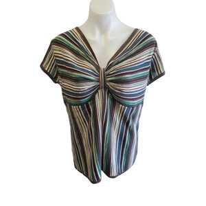 Akcess Y2K Knit Sweater Top Large Brown Green Stripe Front Twist Retro Stretch